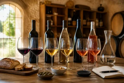 Dégustation de vins Rieu Coulon dans un caveau chaleureux aux murs en pierre, entre verres colorés et bouteilles artisanales