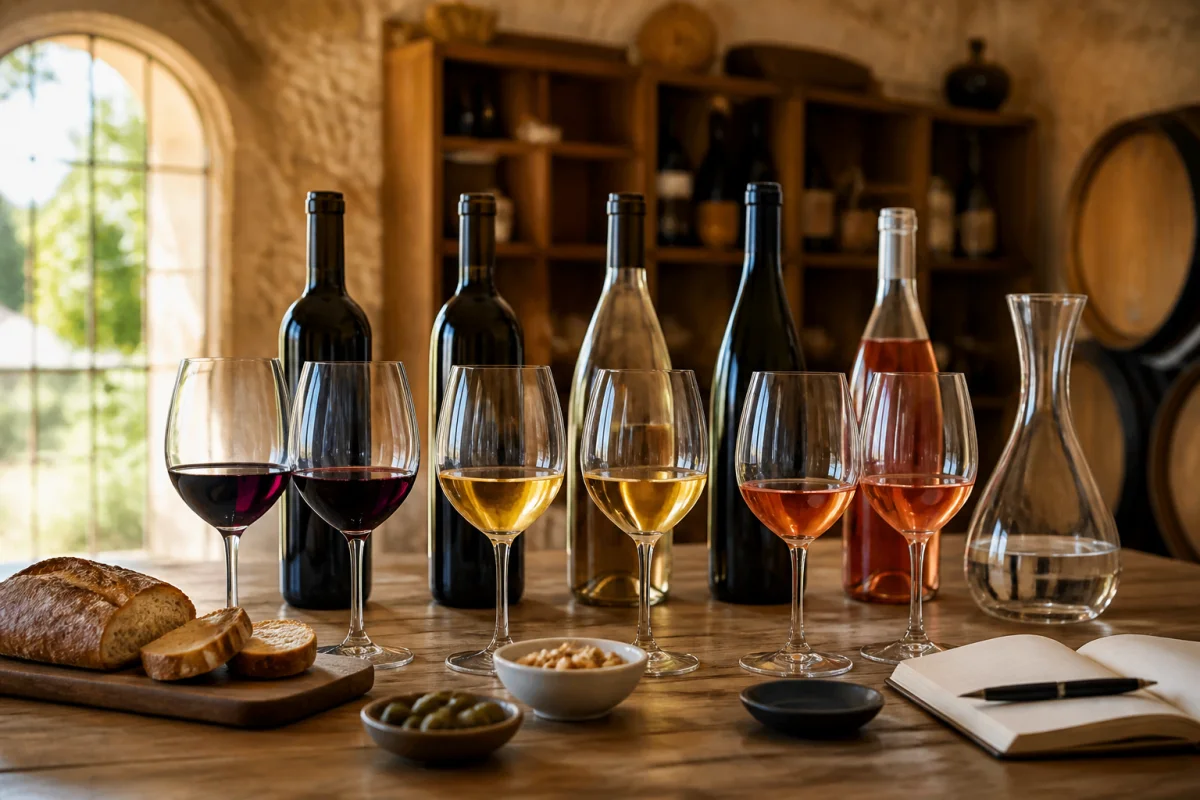 Dégustation de vins Rieu Coulon dans un caveau chaleureux aux murs en pierre, entre verres colorés et bouteilles artisanales