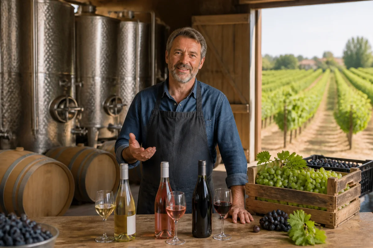 Vigneron présentant les cuves et bouteilles du domaine viticole Rieu Coulon, au cœur des vignes de Montpellier