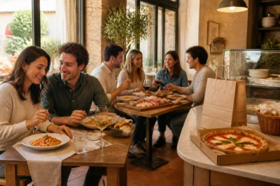 Ristorante Nebbiolo à Peltre : couple partageant un plat, convives autour de charcuteries et pizza artisanale à emporter
