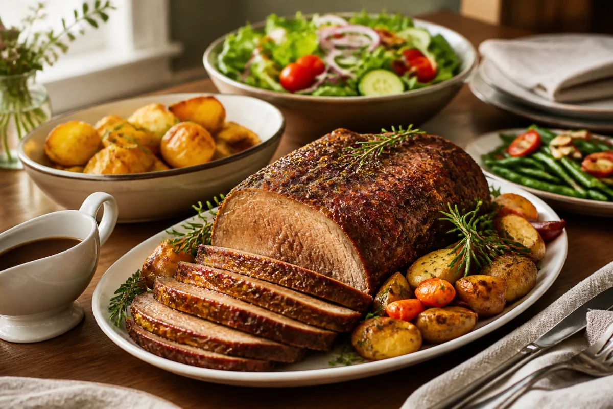 Rôti de viande parfaitement cuit, tranché, entouré de légumes rôtis pour réussir la cuisine des viandes au four.