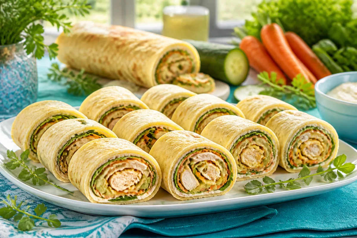 Roulés de tortilla au poulet et légumes, découpés sur un plat de buffet froid avec salade, carottes et concombre frais