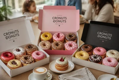 Royal Donuts à Rouen : assortiment de cronuts et donuts colorés dans des box gourmandes à partager