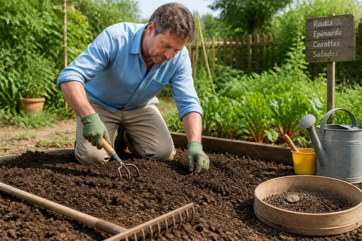 Préparation du sol avant les semis de légumes au potager, avec un jardinier ameublissant la terre à la griffe à main