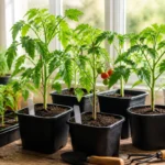 Semis de légumes au potager : jeunes plants de tomates vigoureux dans des godets, près d’une fenêtre lumineuse