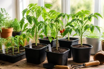 Semis de légumes au potager : jeunes plants de tomates vigoureux dans des godets, près d’une fenêtre lumineuse