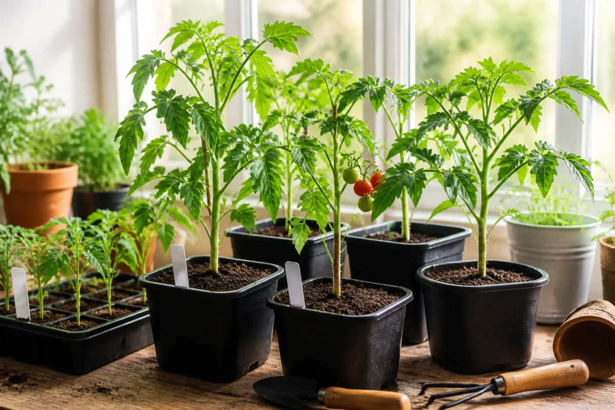 Semis de légumes au potager : jeunes plants de tomates vigoureux dans des godets, près d’une fenêtre lumineuse