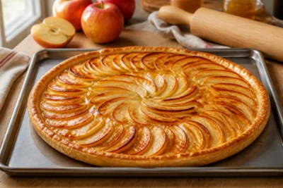 Tarte fine aux pommes dorées sur pâte feuilletée croustillante, emblématique des recettes de desserts maison réussies