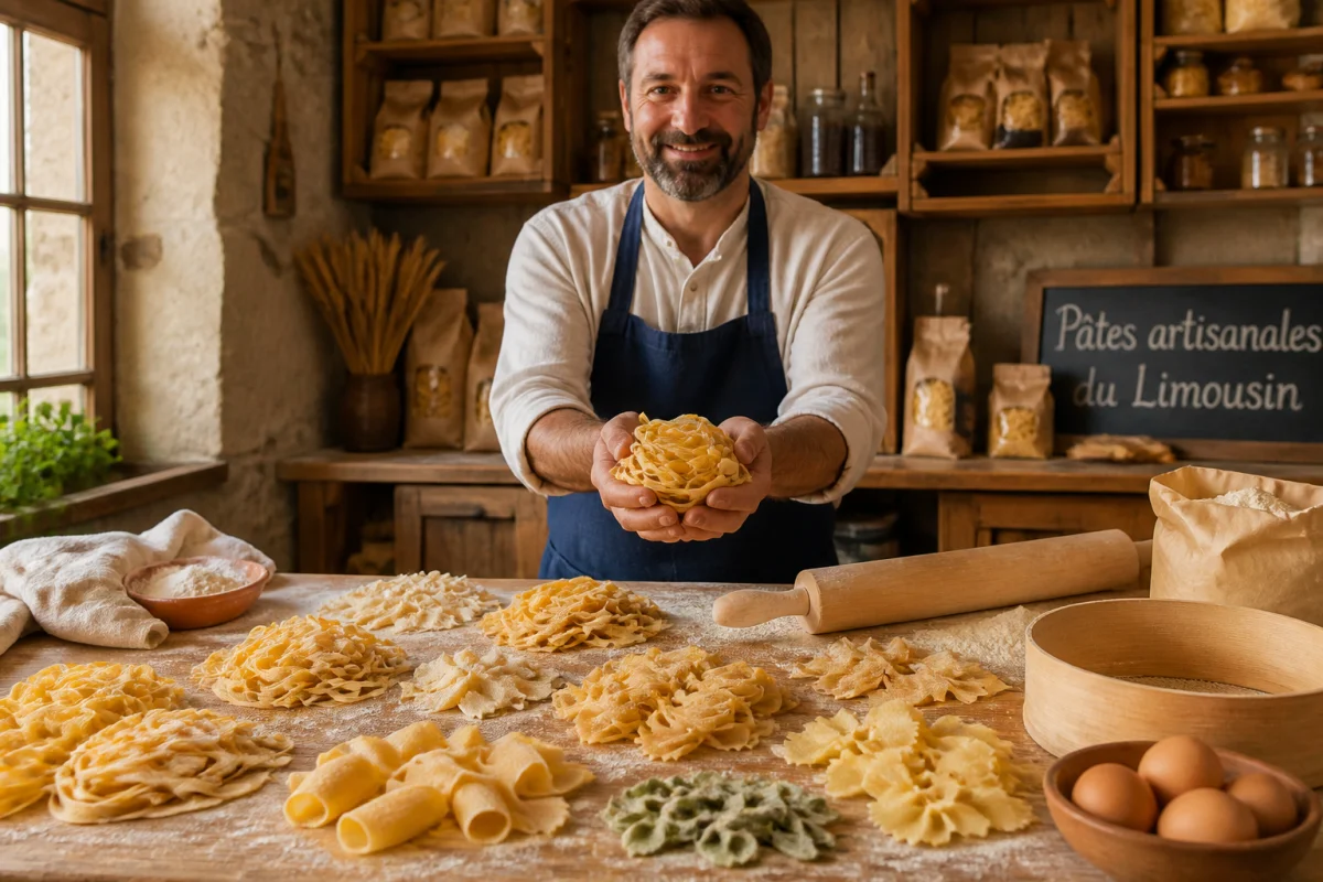 Tutti Pasta présente un assortiment de pâtes artisanales variées dans un atelier traditionnel du Limousin