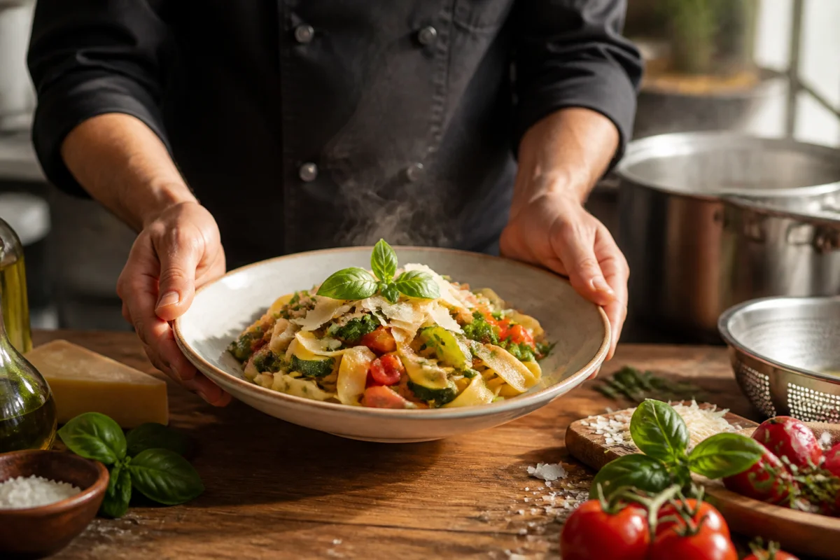 Tutti Pasta prépare un plat de pâtes artisanales al dente, légumes frais, herbes et fromage en cuisine professionnelle.